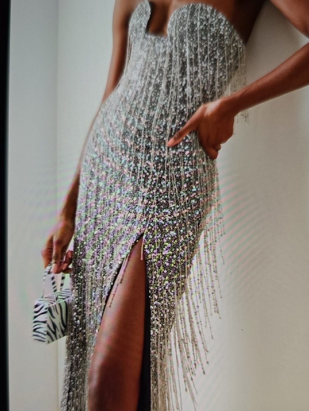 Carolina Herrera Silver Beaded High-Low Fringe Gown